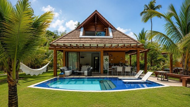 A house with a pool, outdoor furniture, and palm trees. - Bangalô Luxo-Piscina-Eco Resort-SH134 (Tamandaré)