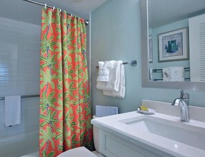 Shower, hair dryer, towels, soap - South Seas Island Resort, Plantation Beach Club, located on Sunset Beach (Captiva)