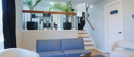 Una Smart TV, una chimenea, libros