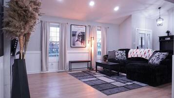 TV connectée, cheminée, livres