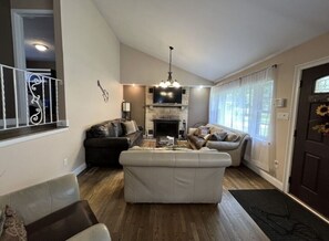 Smart TV, fireplace, foosball