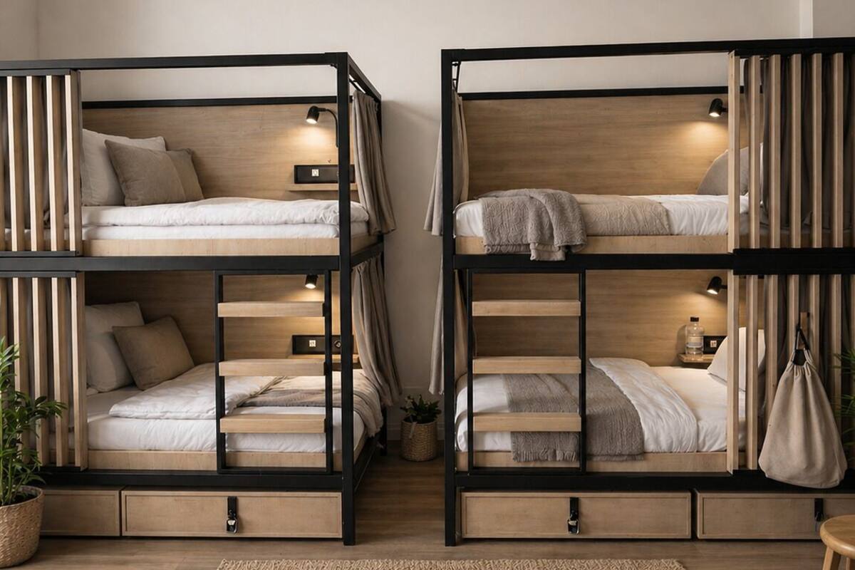 Dormitorio con literas, alfombra de fibras naturales, piso de madera y plantas en macetas.