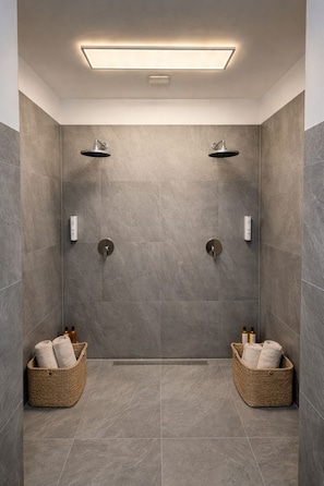 Hair dryer, towels, soap, shampoo