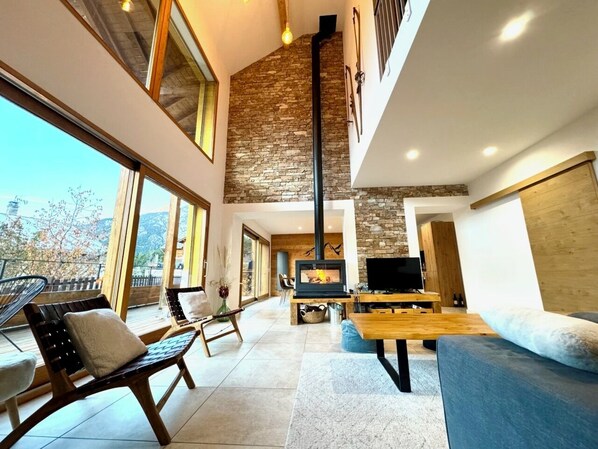 Télévision, cheminée, livres