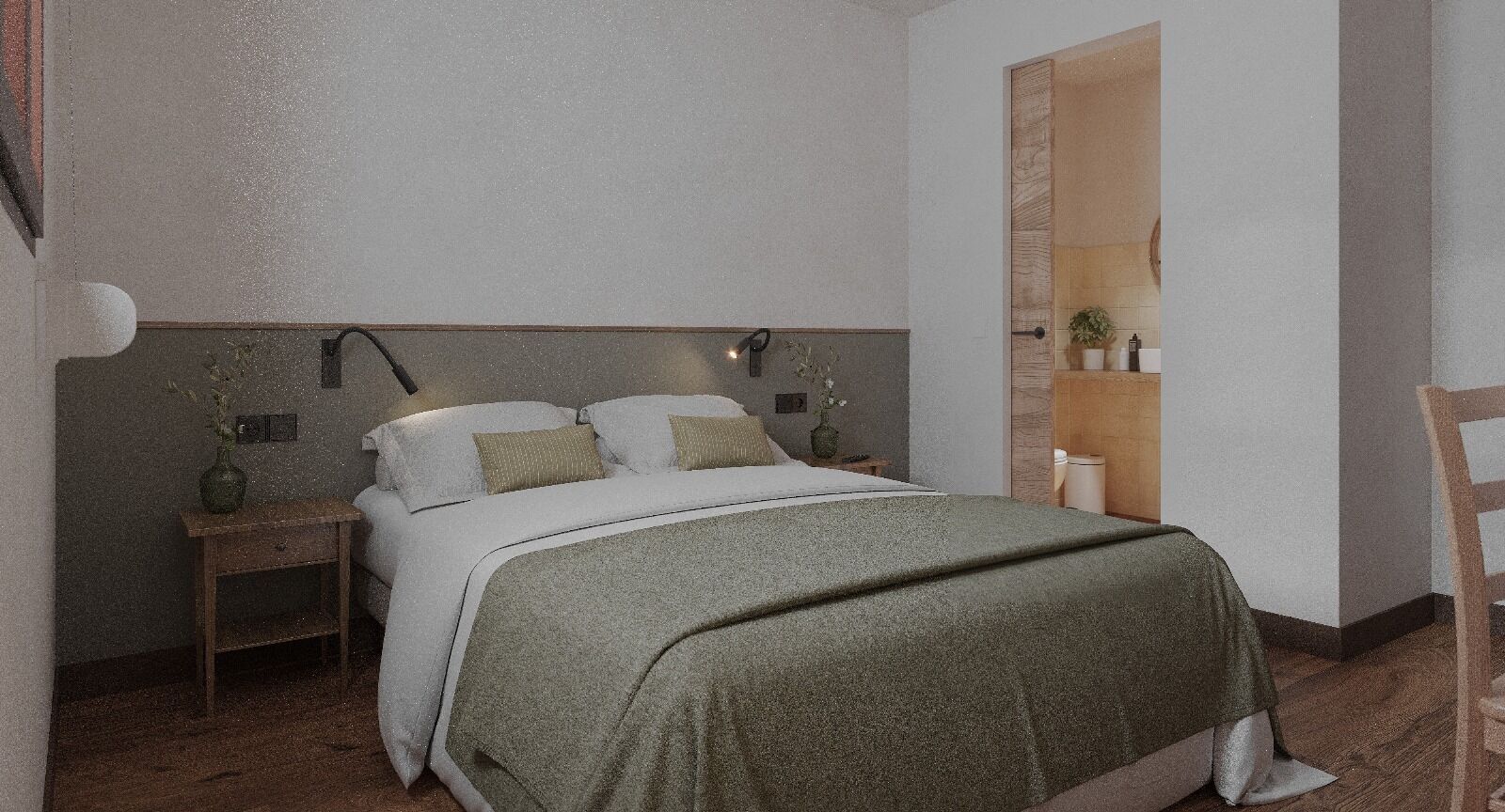 A bedroom with a bed, bedside tables, and a nightstand.