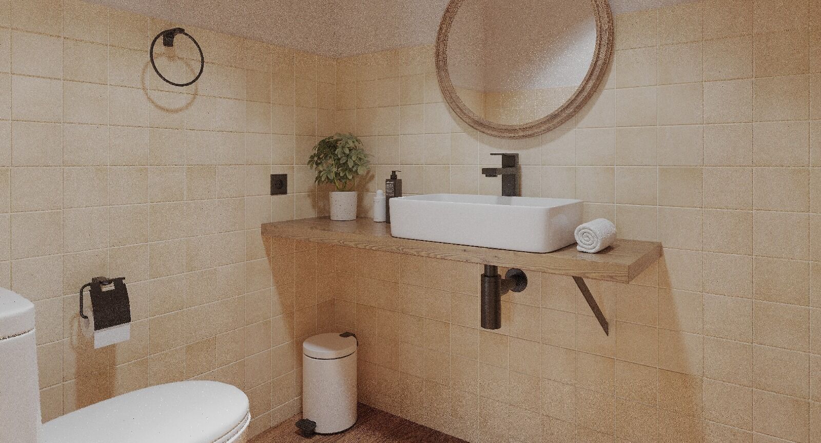 Ducha, secador de pelo, toallas y papel higiénico