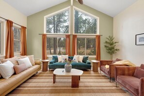 Smart TV, fireplace, foosball, books