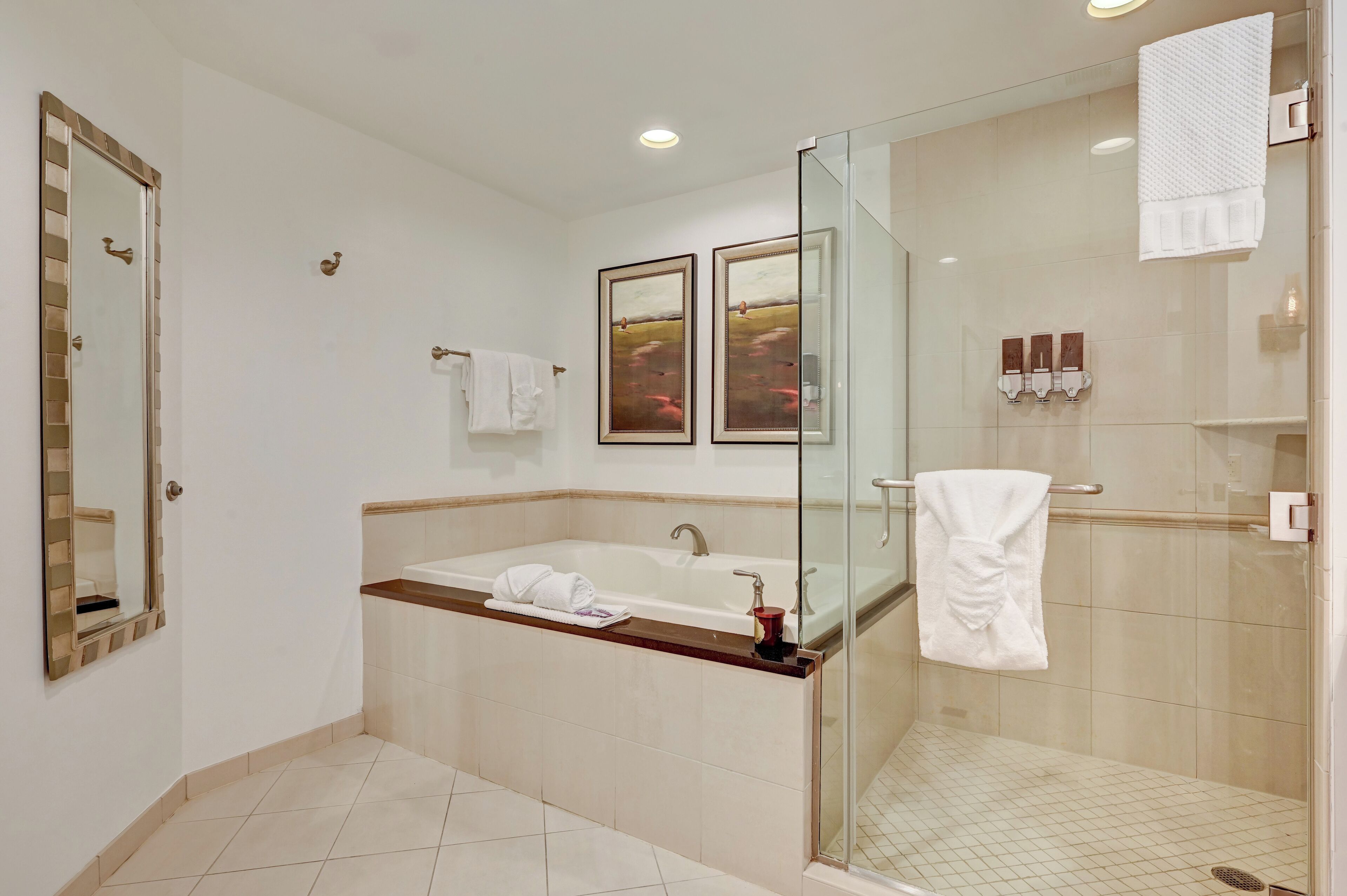 Une salle de bain moderne avec une grande baignoire, une douche en verre et deux tableaux encadrés au mur.