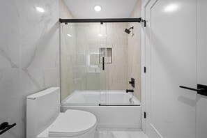 Hair dryer, towels, soap, toilet paper