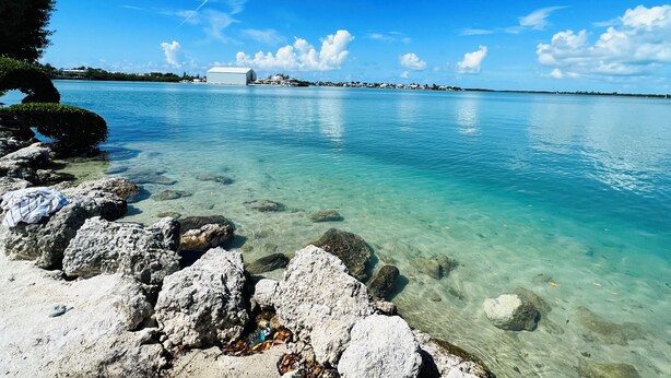 Une vue dégagée sur la côte, avec un rivage rocheux, un bâtiment situé au loin et un ciel clair.