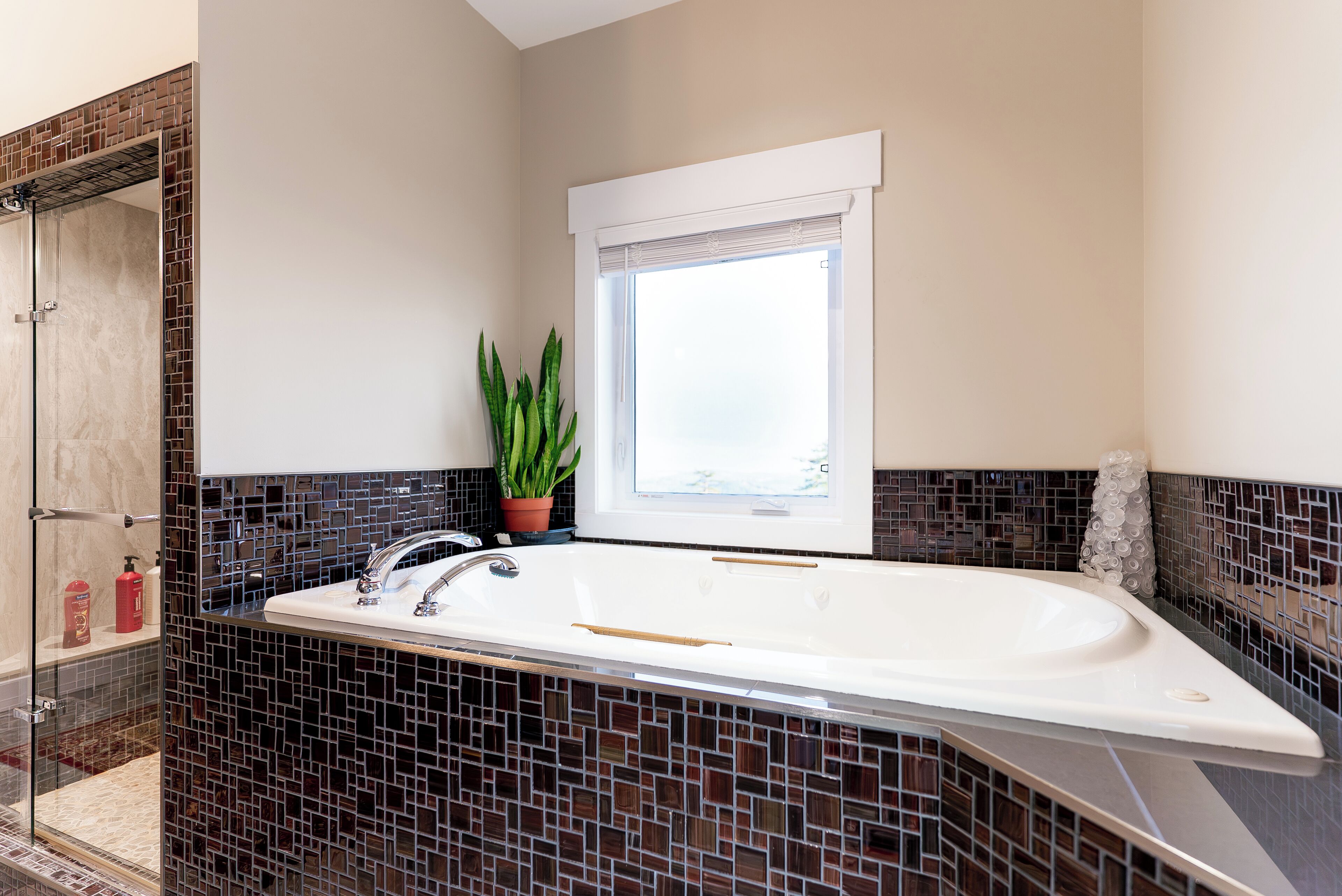Un baño moderno con una bañera grande, un cerramiento de ducha de cristal y una planta en maceta.