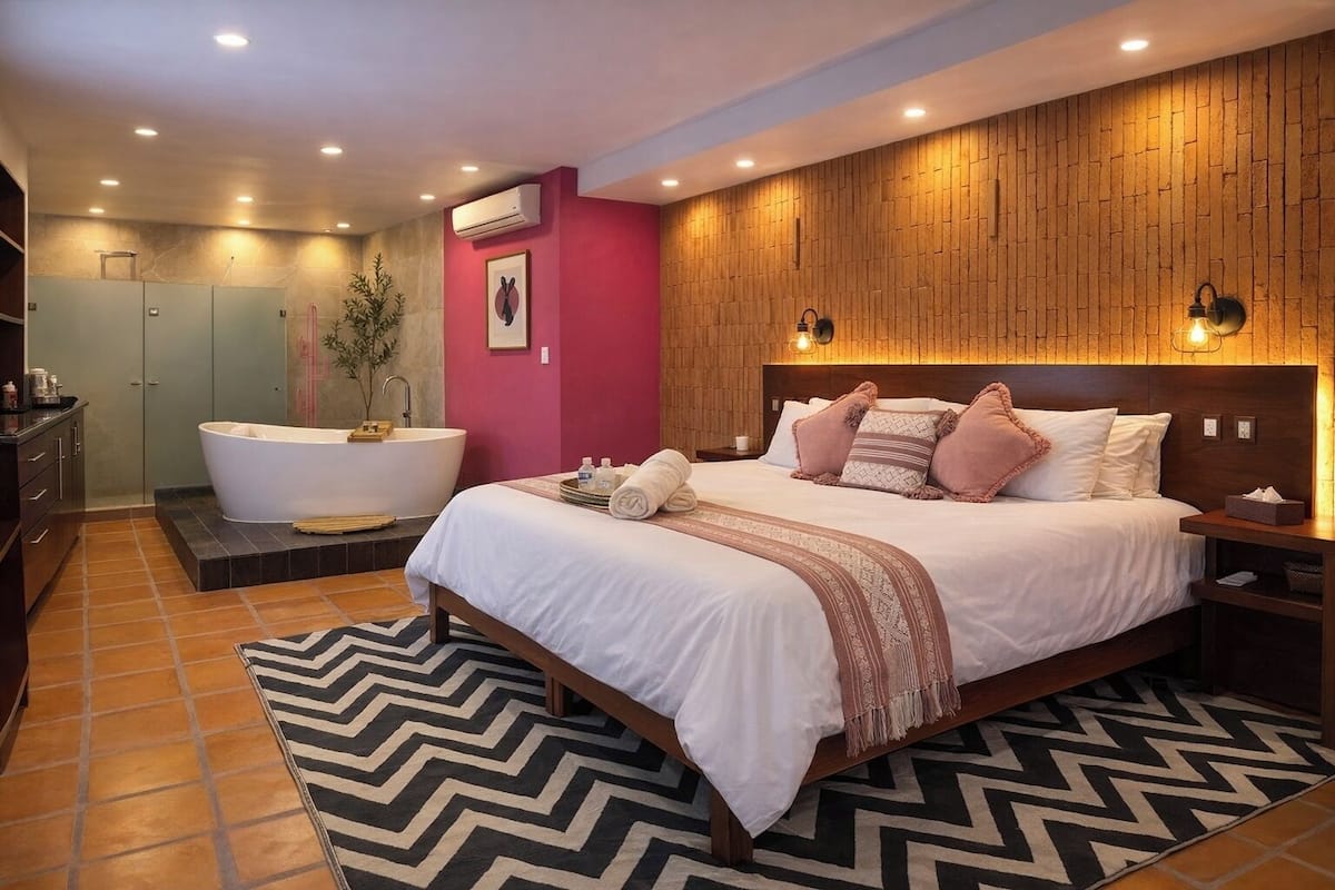 Una camera da letto moderna con un letto grande, una vasca da bagno integrata e una parete decorativa in legno.