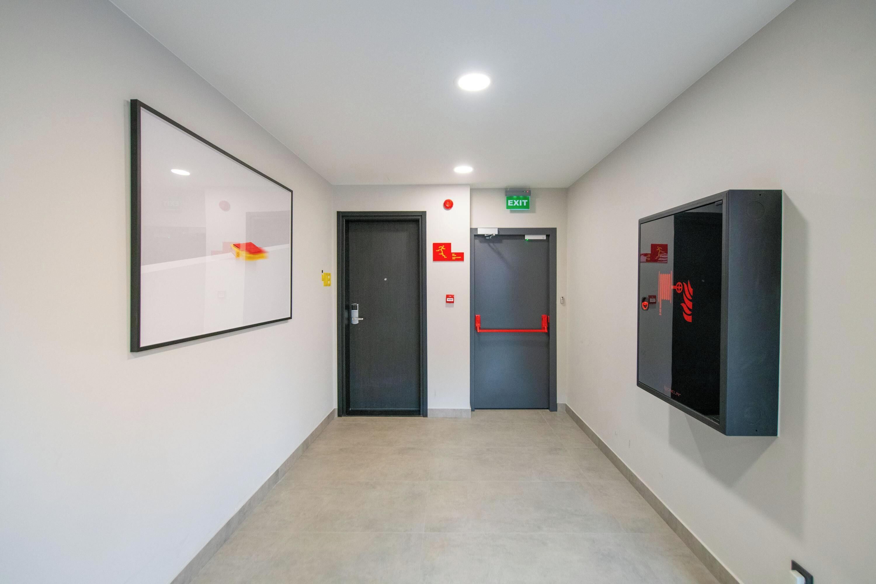 A hallway with a framed artwork, two doors, and an exit sign.