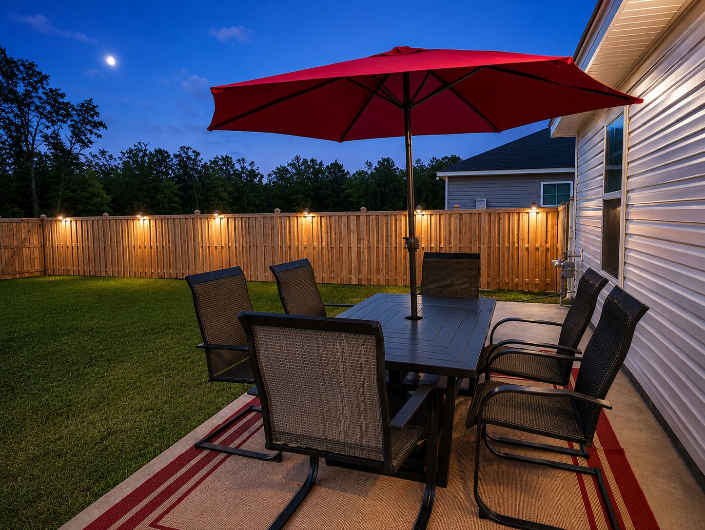 A backyard patio with a table and chairs, a red umbrella, and a wooden fence.
