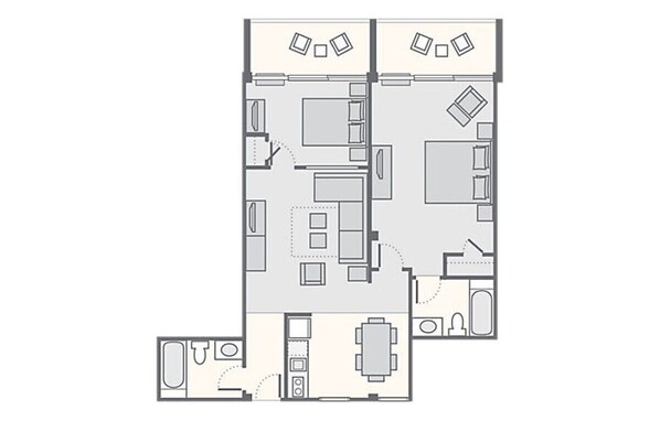 A floor plan of a hotel room with a bathroom, a kitchenette, a dining area, and a living area. - 2-bedroom condo in lovely Daytona Beach 
Daytona Seabreeze …. Daytona 500 (Daytona Beach)