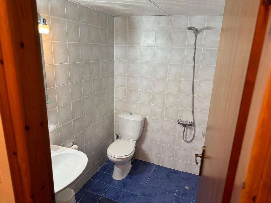 Une petite salle de bain avec des toilettes, un lavabo et une douche.
