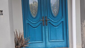 Una porta doppia blu con pannelli di vetro, affiancata da piante in vaso, che conduce a un'area di ingresso rivestita di piastrelle.