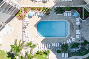 Vista aérea de un área de piscina de hotel con una piscina rectangular, sillas de tomar el sol y palmeras.