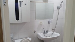 A bathroom with a toilet, a sink, a mirror, and a shower.
