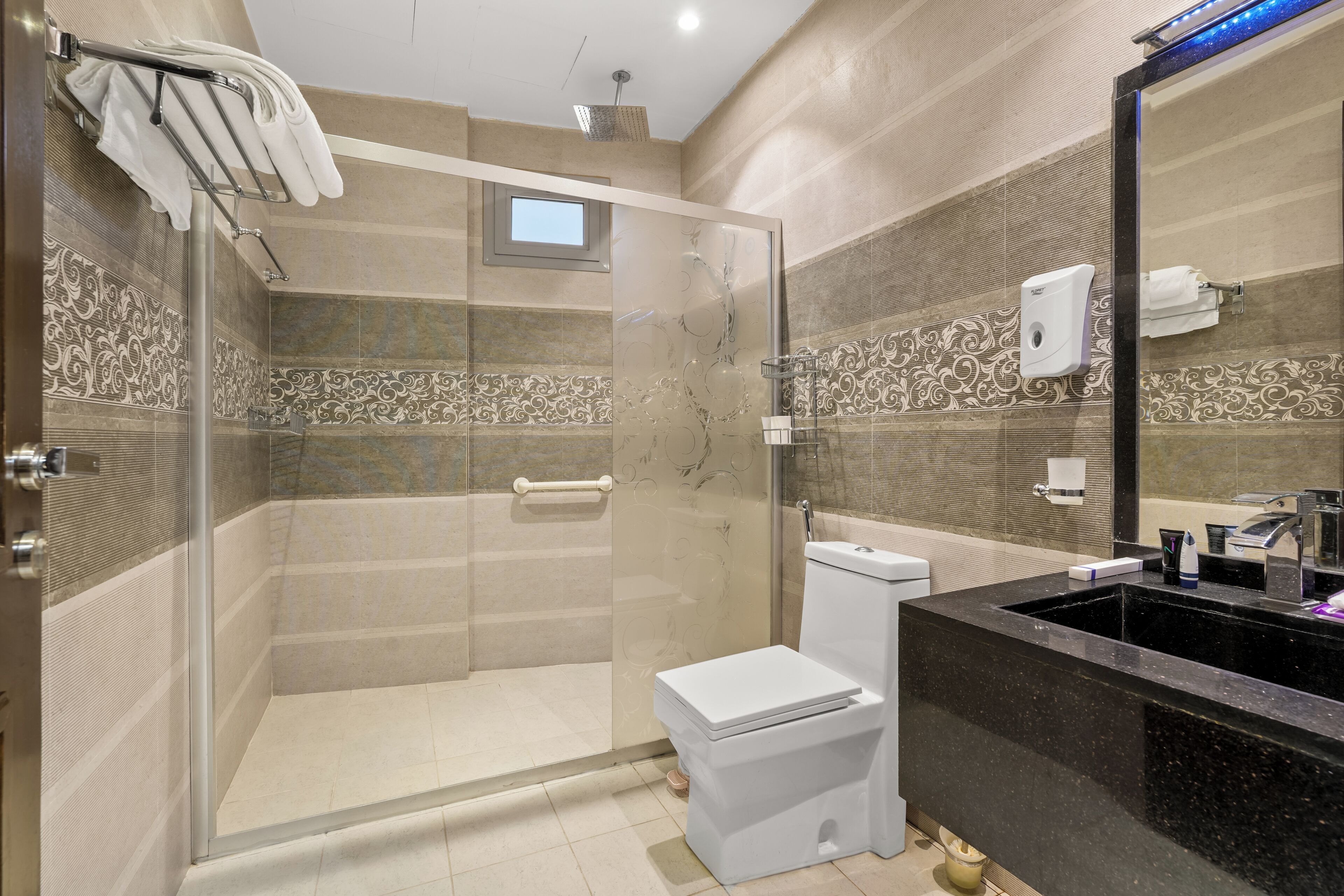 Shower, free toiletries, bidet, towels