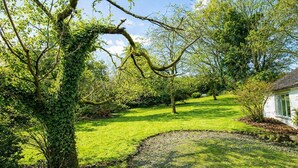 Um jardim exuberante com um caminho de pedra, um edifício branco e árvores maduras.