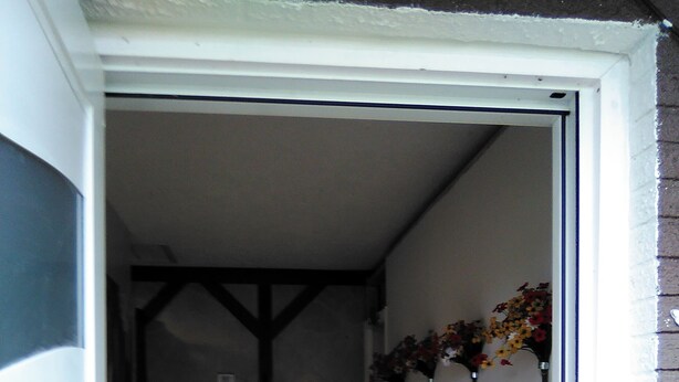 Un pasillo estrecho con una puerta blanca al final, una ventana con marco negro a la izquierda y un arreglo floral en la pared.