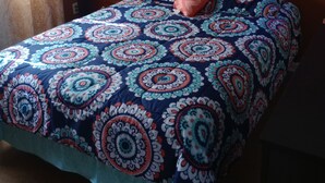 Un dormitorio con una colcha estampada, una mesita de noche con lámpara y cortinas en la ventana.