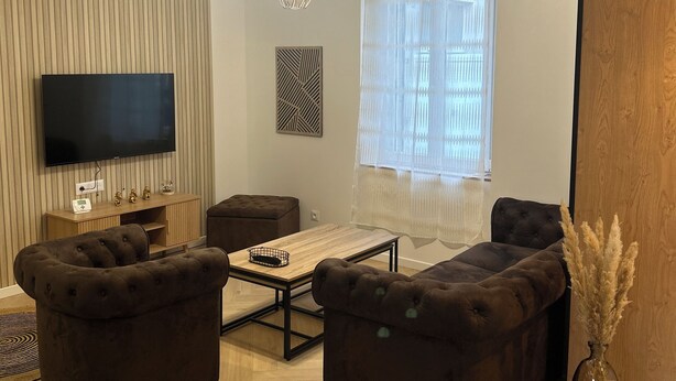 A modern living room with a flat-screen TV, two sofas, a coffee table, and a decorative vase. - To the hillside butterfly (Magenta)