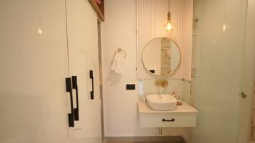 Shower, jetted tub, hair dryer, bidet