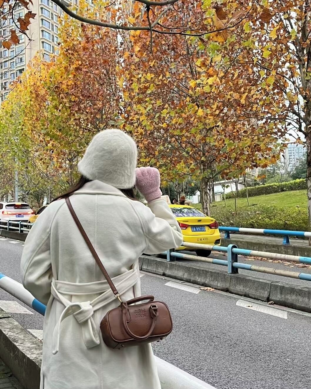 A person standing by a road with autumn leaves, a yellow taxi, and a building in the background.