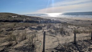 Une plage avec des dunes de sable et une clôture.
