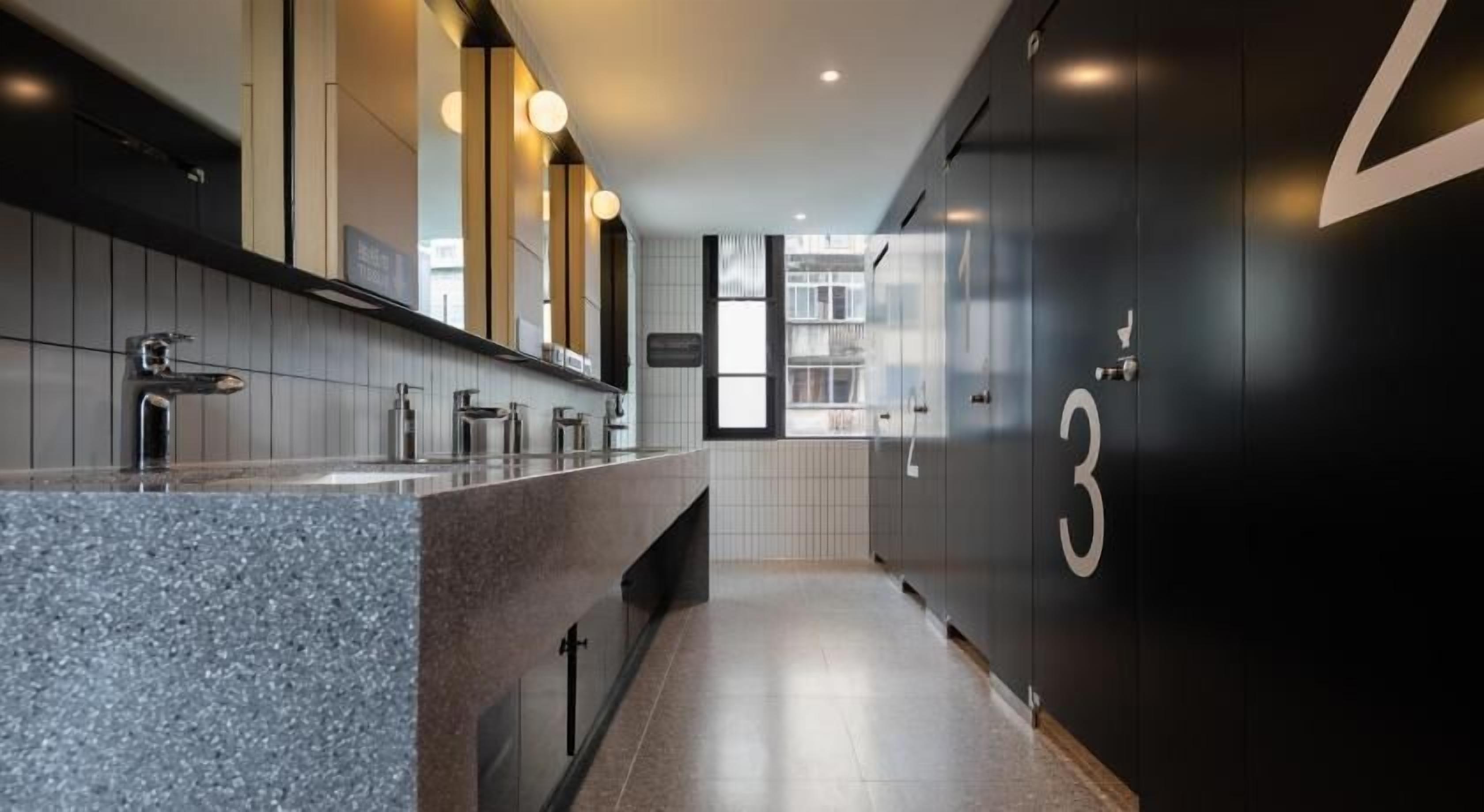 Shower, rainfall showerhead, hair dryer, slippers