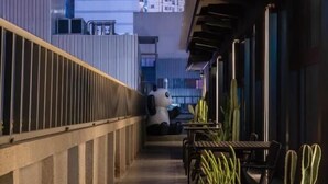 A corridor with a railing, potted plants, and a view of city buildings in the background.