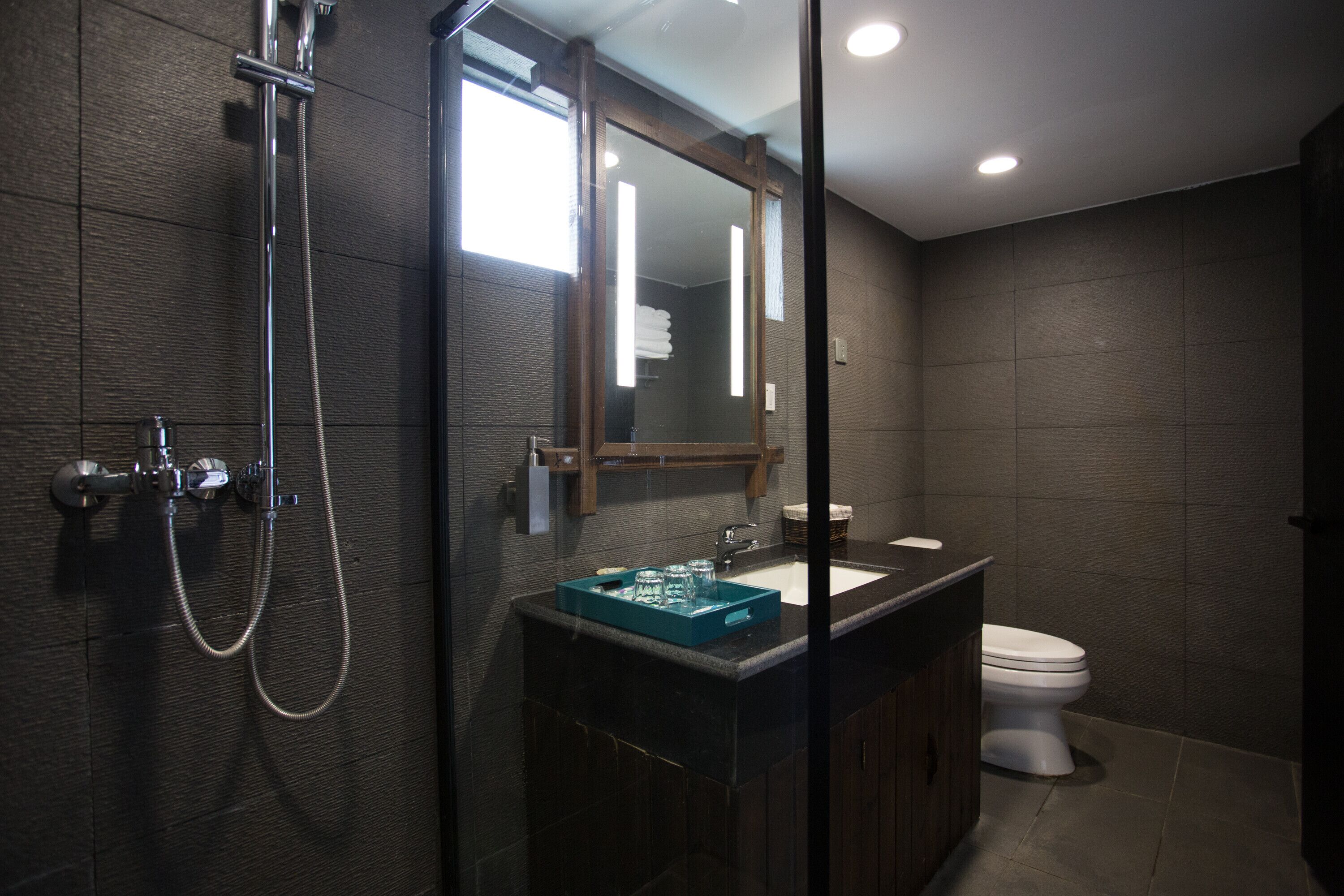 A modern bathroom with a glass shower enclosure, a dark wood vanity, and a white toilet.