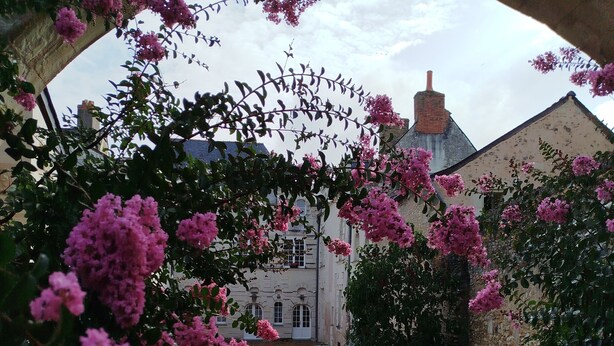 Un chemin de gravier mène à un bâtiment doté d’une arche en pierre, le tout étant entouré de fleurs roses en pleine floraison.