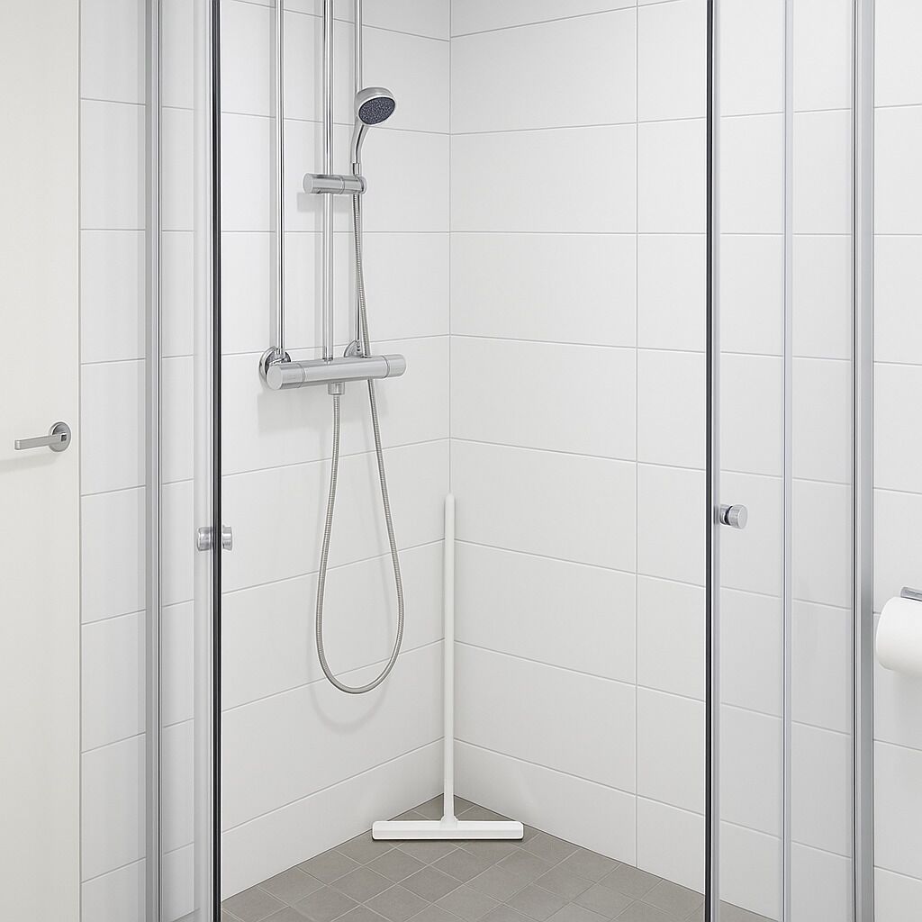 A modern shower with a handheld showerhead and a fixed showerhead, glass doors, and a corner shower layout.