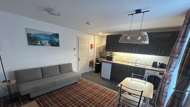 Een ruimtelijke zithoek met een bank, een eettafel, een keuken met moderne apparatuur en een geruit vloertje.
