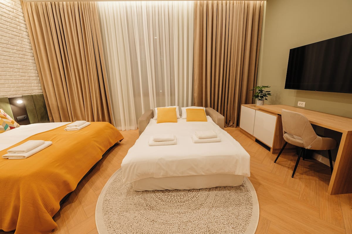 A hotel room with two beds, a desk, a chair, a TV, and a plant.