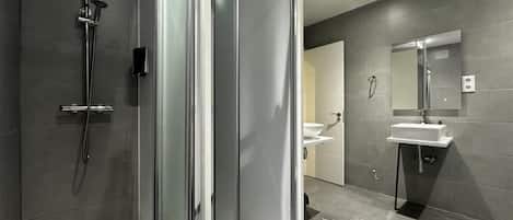 Shower, hair dryer, soap, shampoo