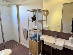 Shower, hair dryer, towels, soap