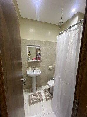 Regadera, toallas, papel de baño 