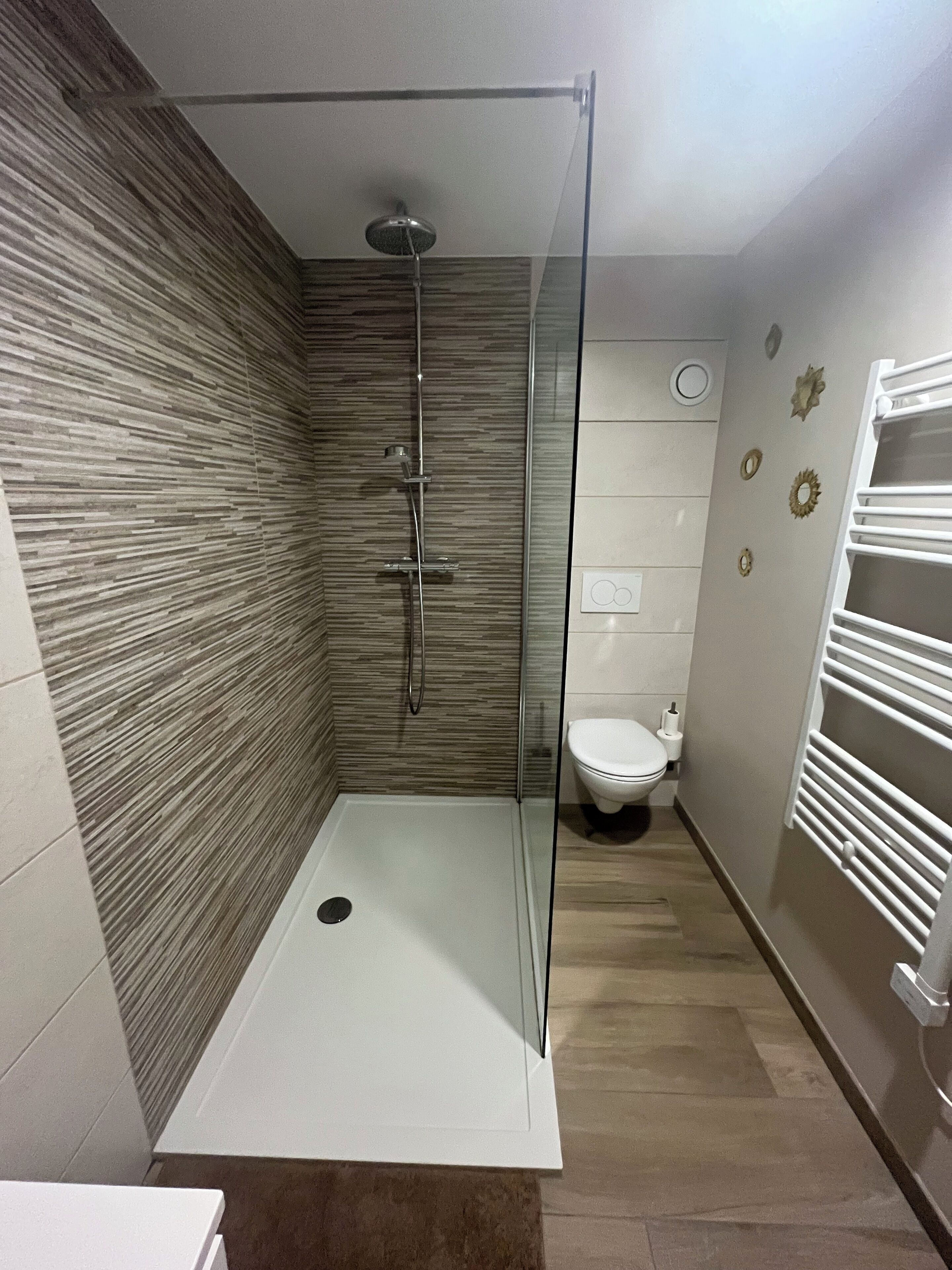 Hair dryer, towels, soap, toilet paper