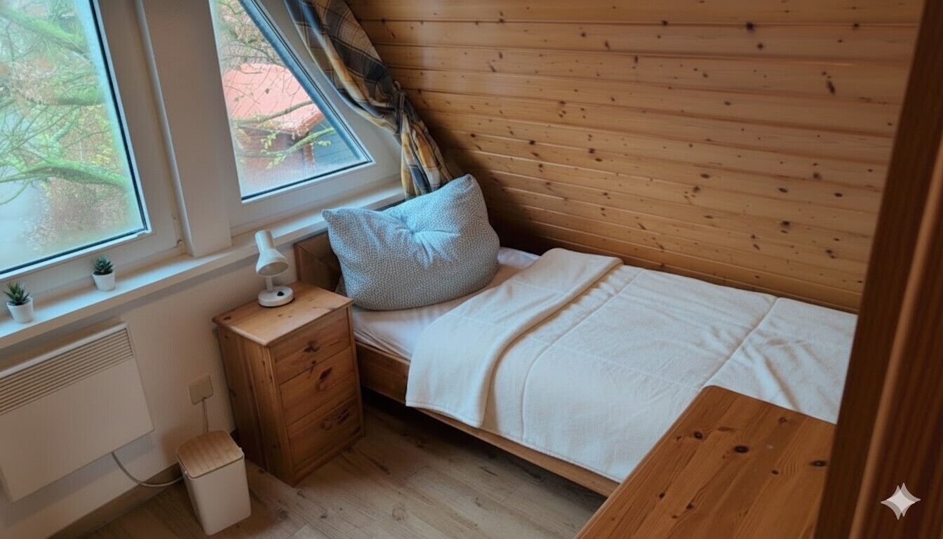 A small, cozy room with a wooden bed, a nightstand, a window, and a radiator.