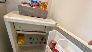 A small refrigerator with a freezer compartment, containing various food items and beverages. - Hotel Araujo's Suítes (Passos)