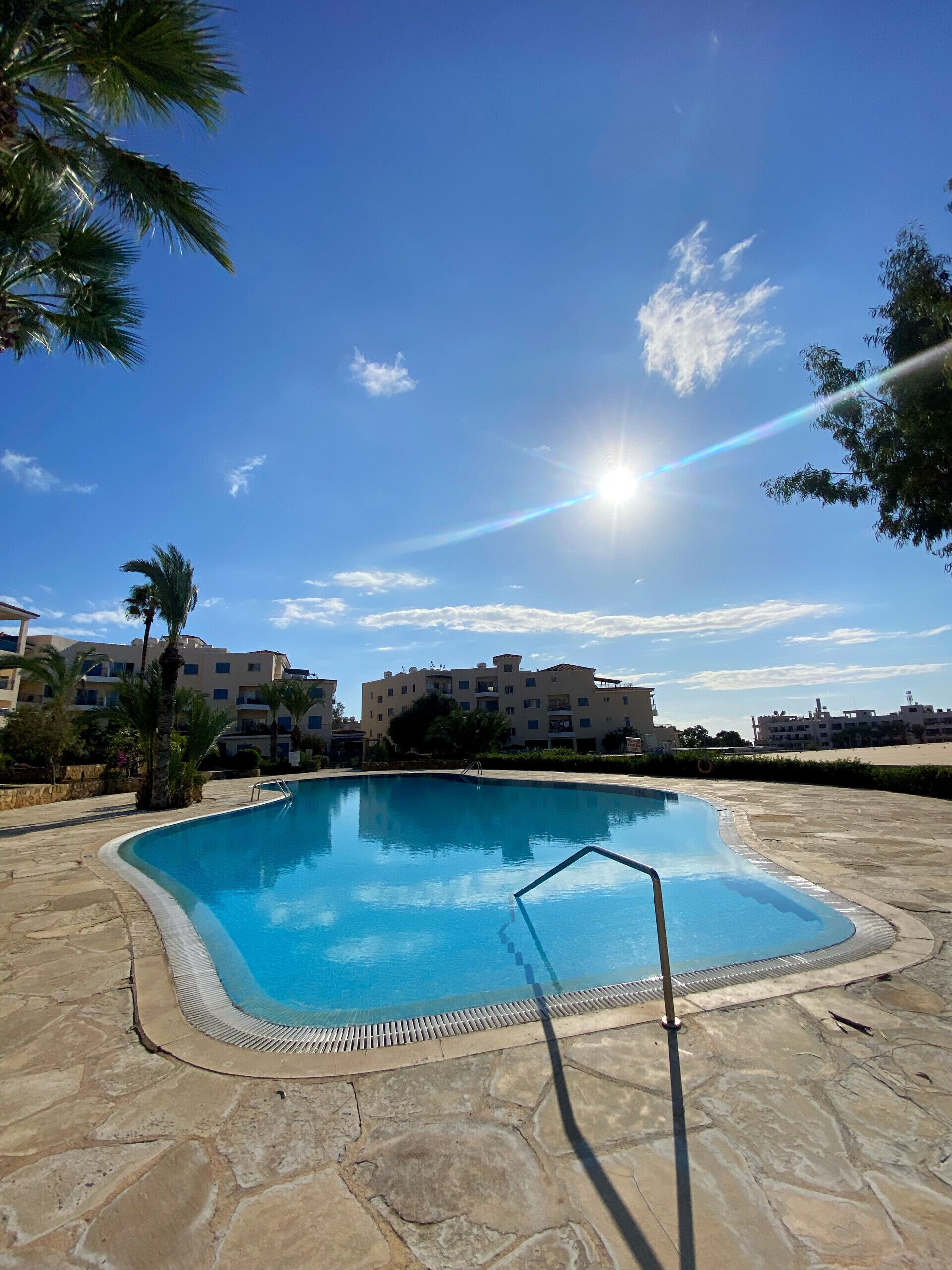 Una piscina con solárium de piedra, rodeada de palmeras y edificios.
