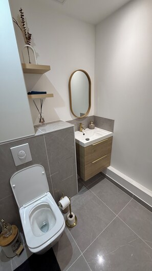 Suihku, hiustenkuivaaja, pyyhkeet, saippua