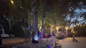 A landscaped area with trees, decorative lights, and seating arrangements. - Luxury rv lot 191 at River ranch rv resort golf cart included  NO RV INCLUDED (Lake Wales)