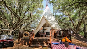 A teepee with a picnic table set up in front, surrounded by trees. - Luxury rv lot 191 at River ranch rv resort golf cart included  NO RV INCLUDED (Lake Wales)