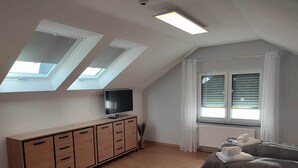 A bedroom with a sloped ceiling, skylights, a TV on a wooden cabinet, a bed with pillows, and a window with blinds. - Vacation home Franzi with barbecue, garden and terrace, quiet location on the outskirts up to 6 pers (Grebenhain)