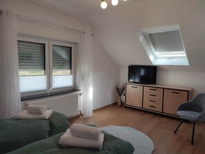 A bedroom with a skylight, a TV, a wooden cabinet, a chair, and a bed with green bedding. - Vacation home Franzi with barbecue, garden and terrace, quiet location on the outskirts up to 6 pers (Grebenhain)